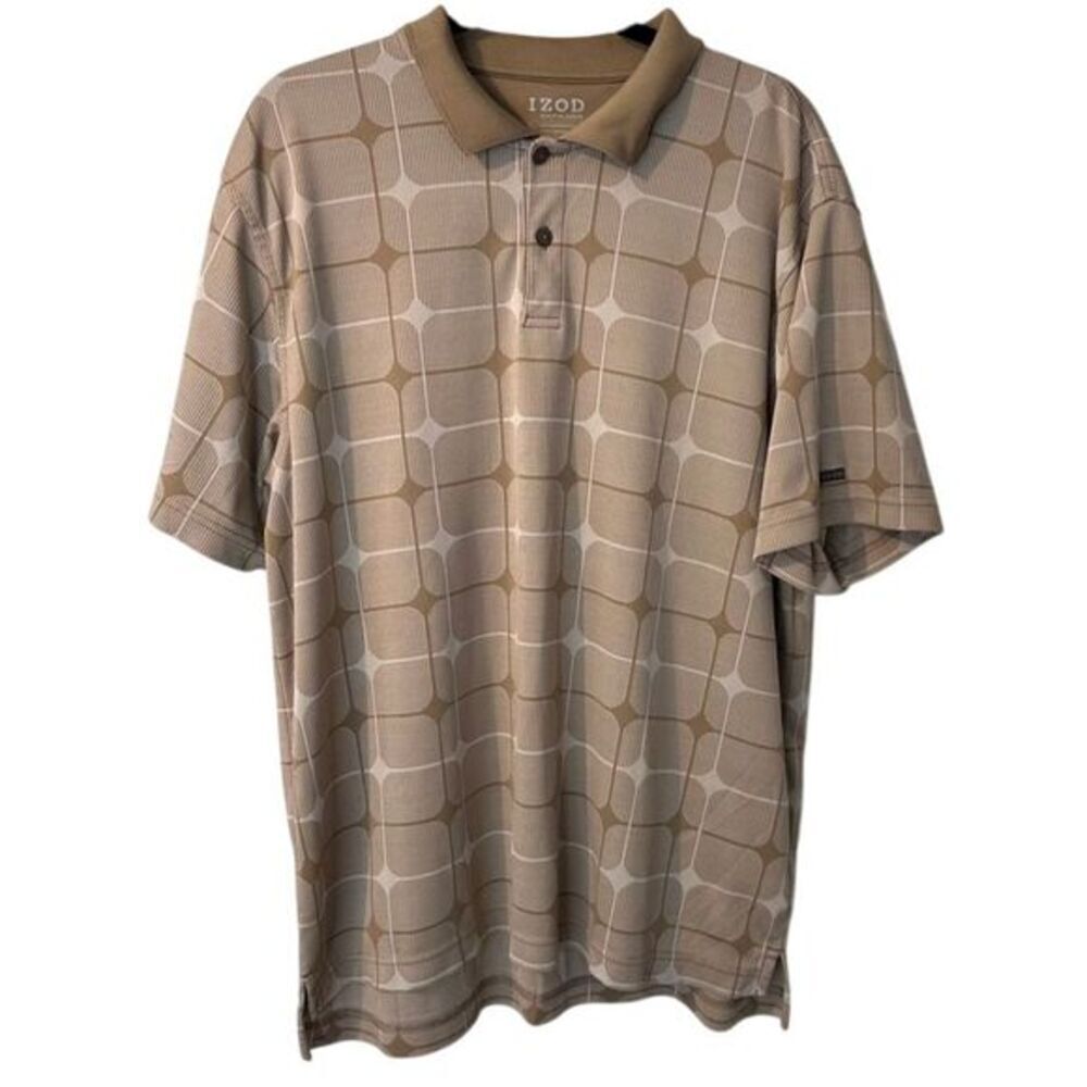 IZOD Golf Classix Polo Shirt Geometric Print Short Sleeve Beige Men's XL Preppy